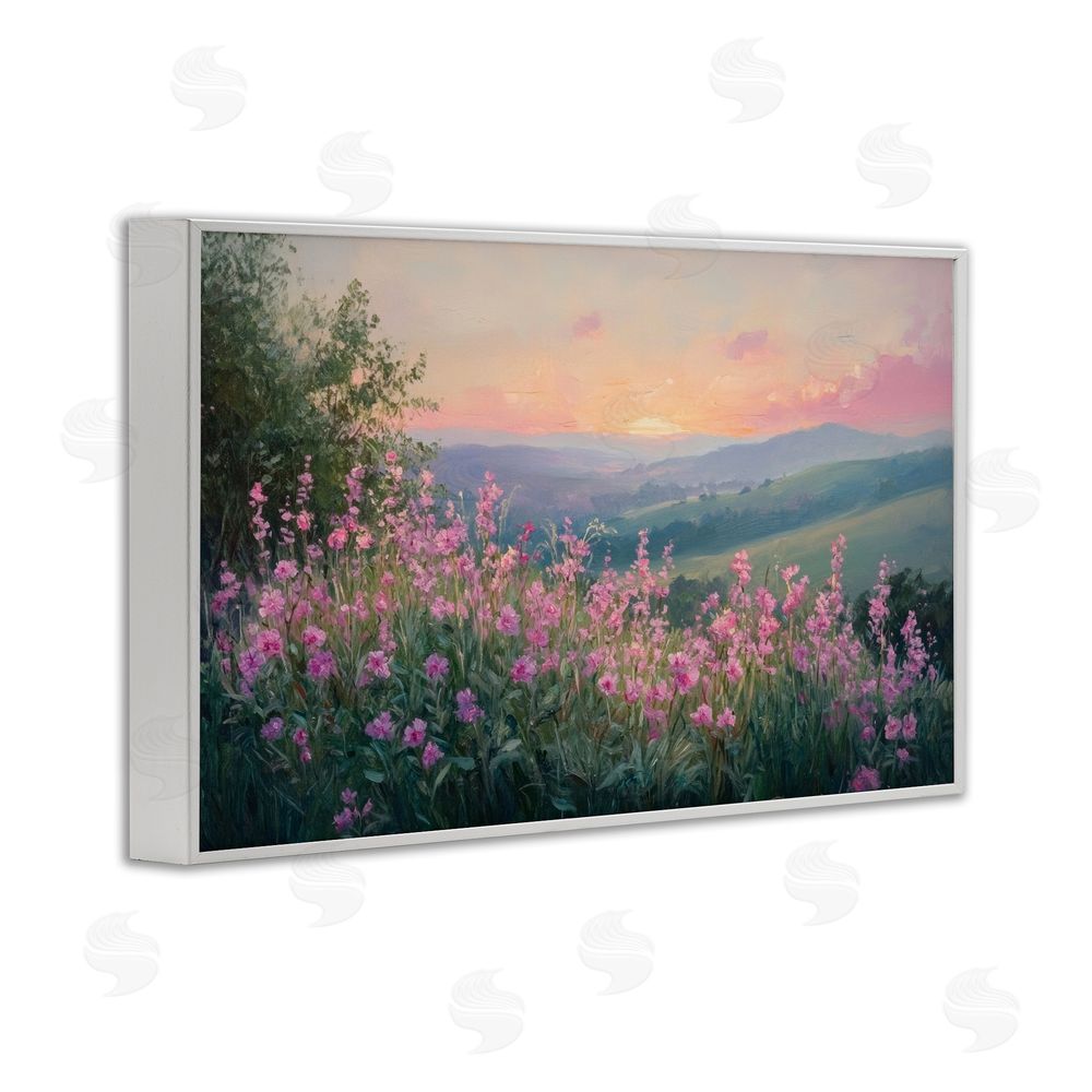 Petal Prints Design Twilight Meadow Pink Flowers White Framed Giclee Wall Art Print