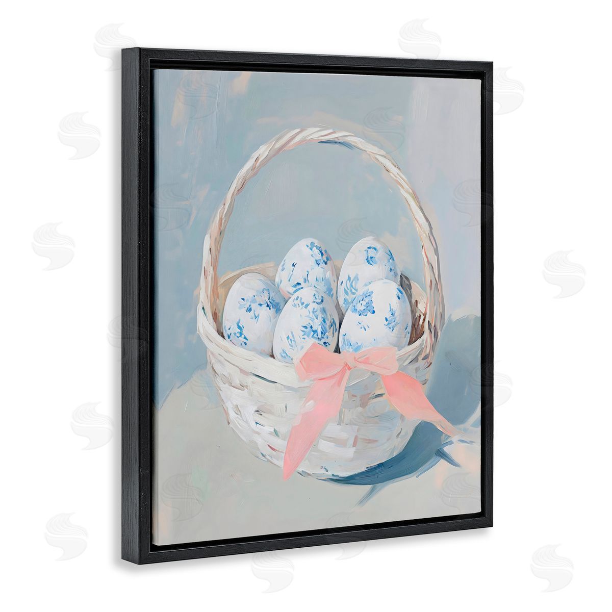 Arlington Prints Blue Floral Egg Basket Black Floating Frame Canvas Wall Art Print
