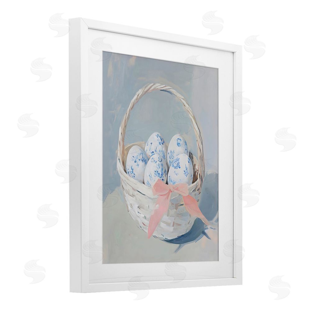 Arlington Prints Blue Floral Egg Basket White Framed Print Under Glass Art