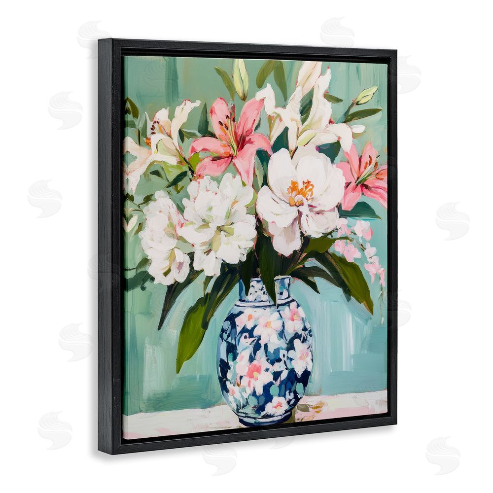 Petal Prints Design Lily Florals in Chinoiserie Vase Black Floating Frame Canvas Wall Art Print