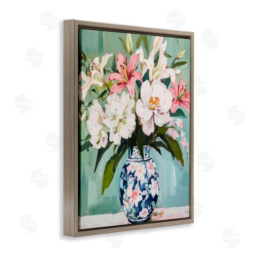 Petal Prints Design Lily Florals in Chinoiserie Vase Brown Floating Frame Canvas Wall Art Print