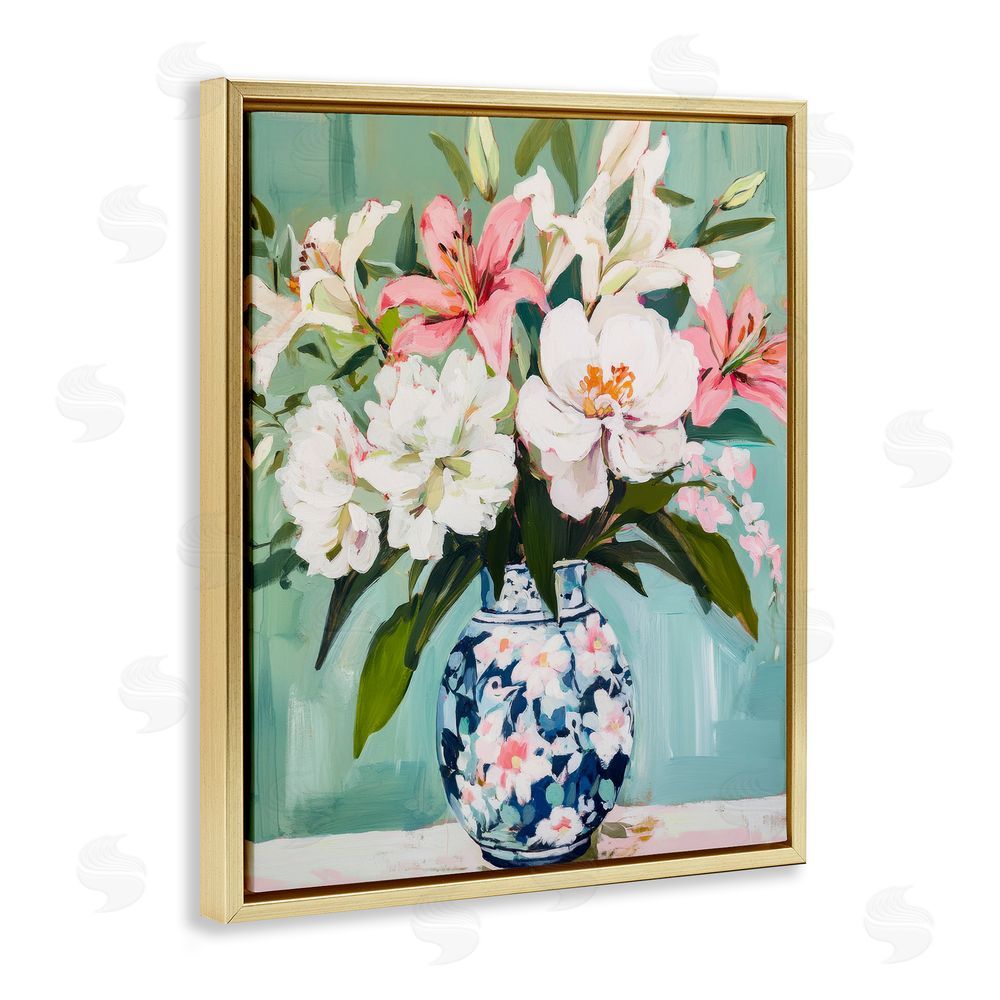 Petal Prints Design Lily Florals in Chinoiserie Vase Gold Floating Frame Canvas Wall Art Print