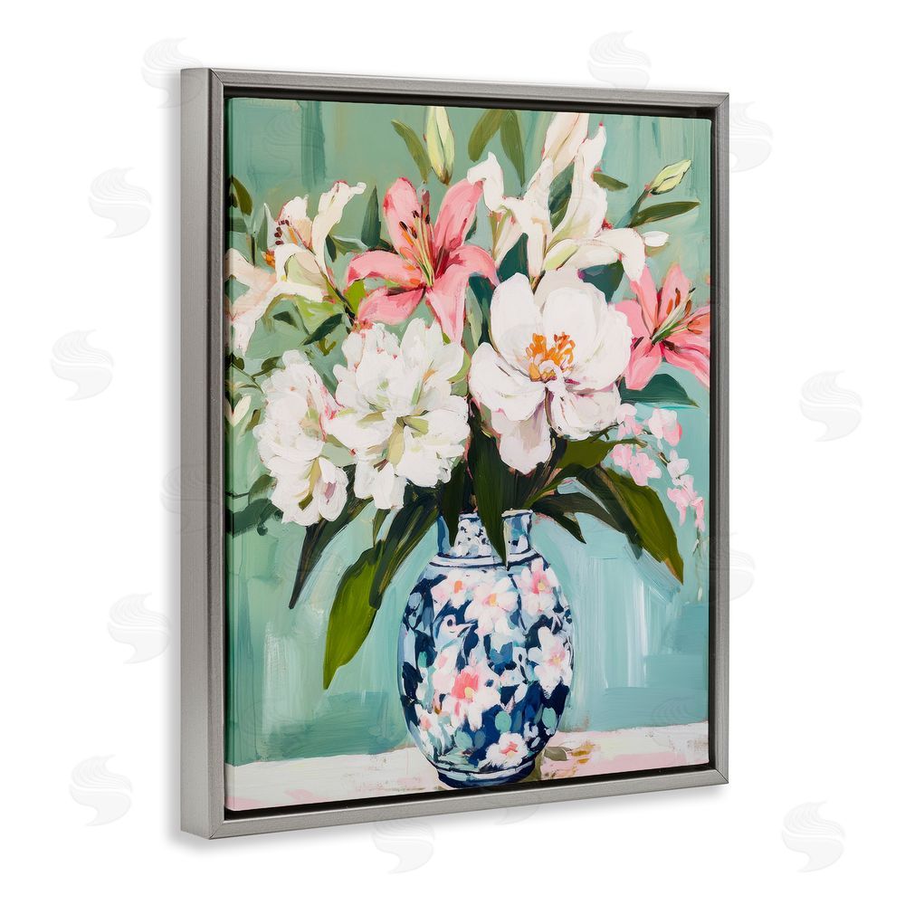 Petal Prints Design Lily Florals in Chinoiserie Vase Gray Floating Frame Canvas Wall Art Print