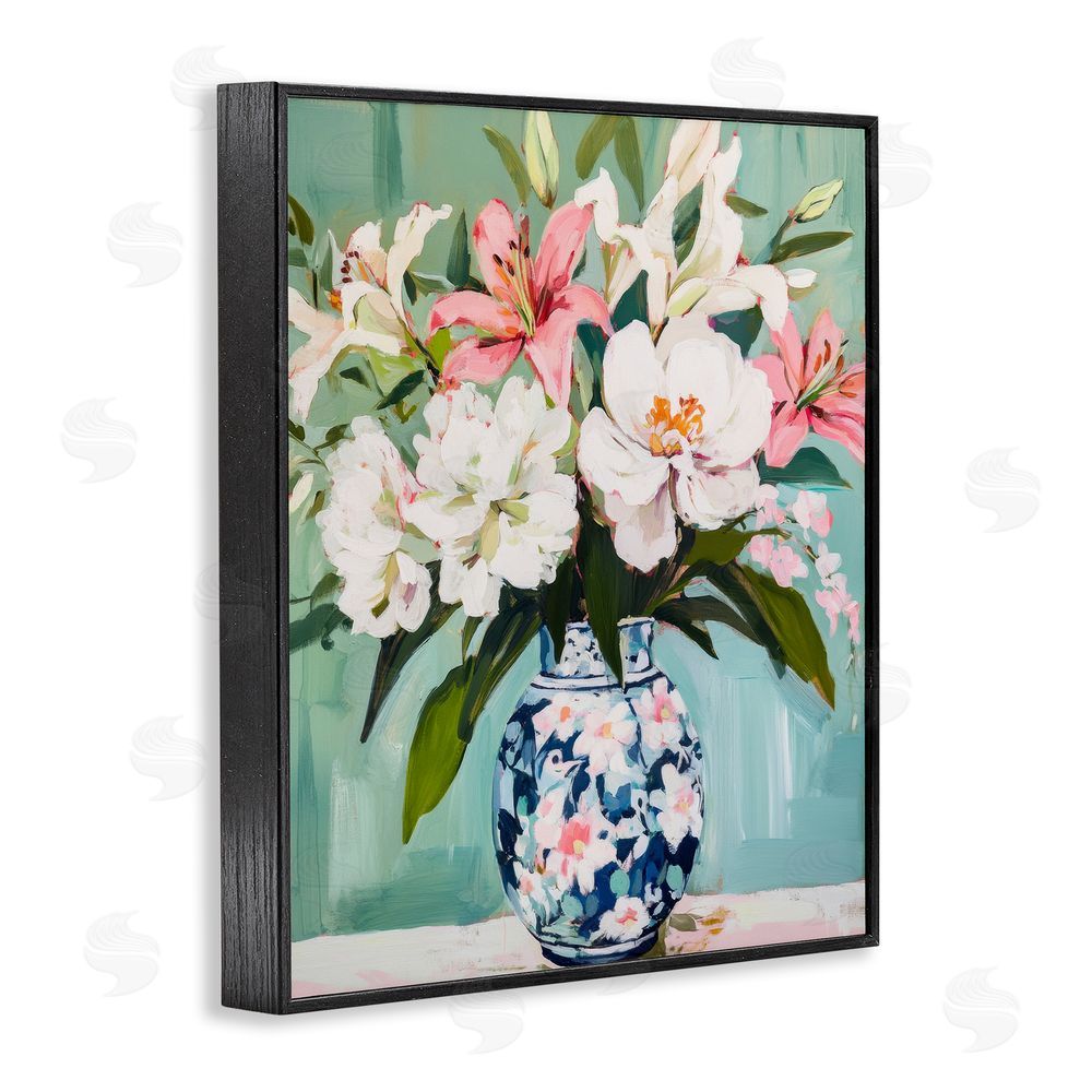 Petal Prints Design Lily Florals in Chinoiserie Vase Black Framed Giclee Wall Art Print
