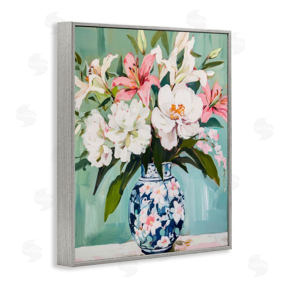 Petal Prints Design Lily Florals in Chinoiserie Vase Gray Framed Giclee Wall Art Print