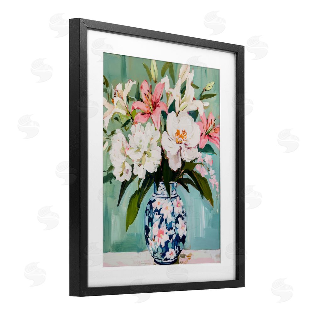 Petal Prints Design Lily Florals in Chinoiserie Vase Black Framed Print Under Glass with White Mat Wall Art