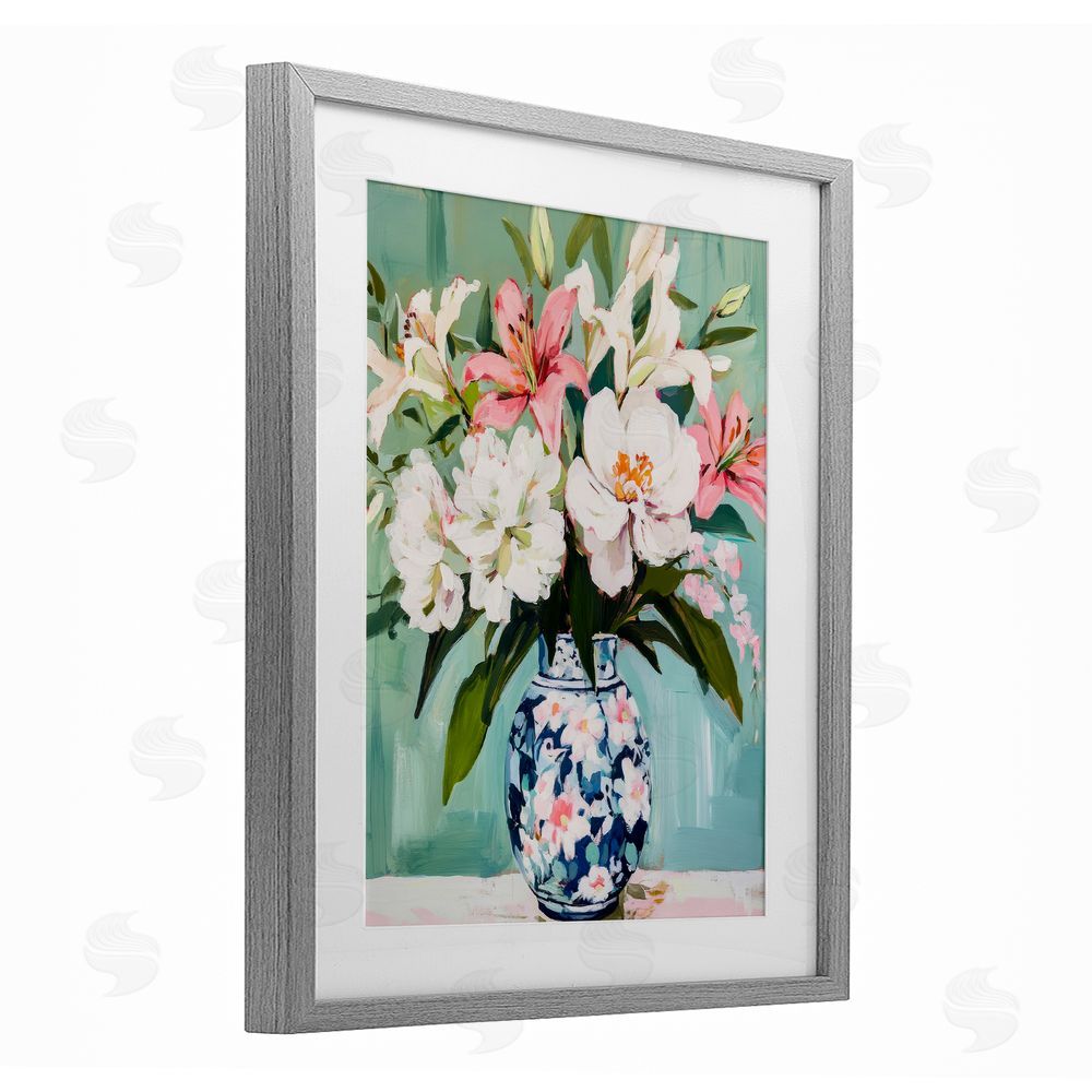 Petal Prints Design Lily Florals in Chinoiserie Vase Gray Framed Print Under Glass with White Mat Wall Art