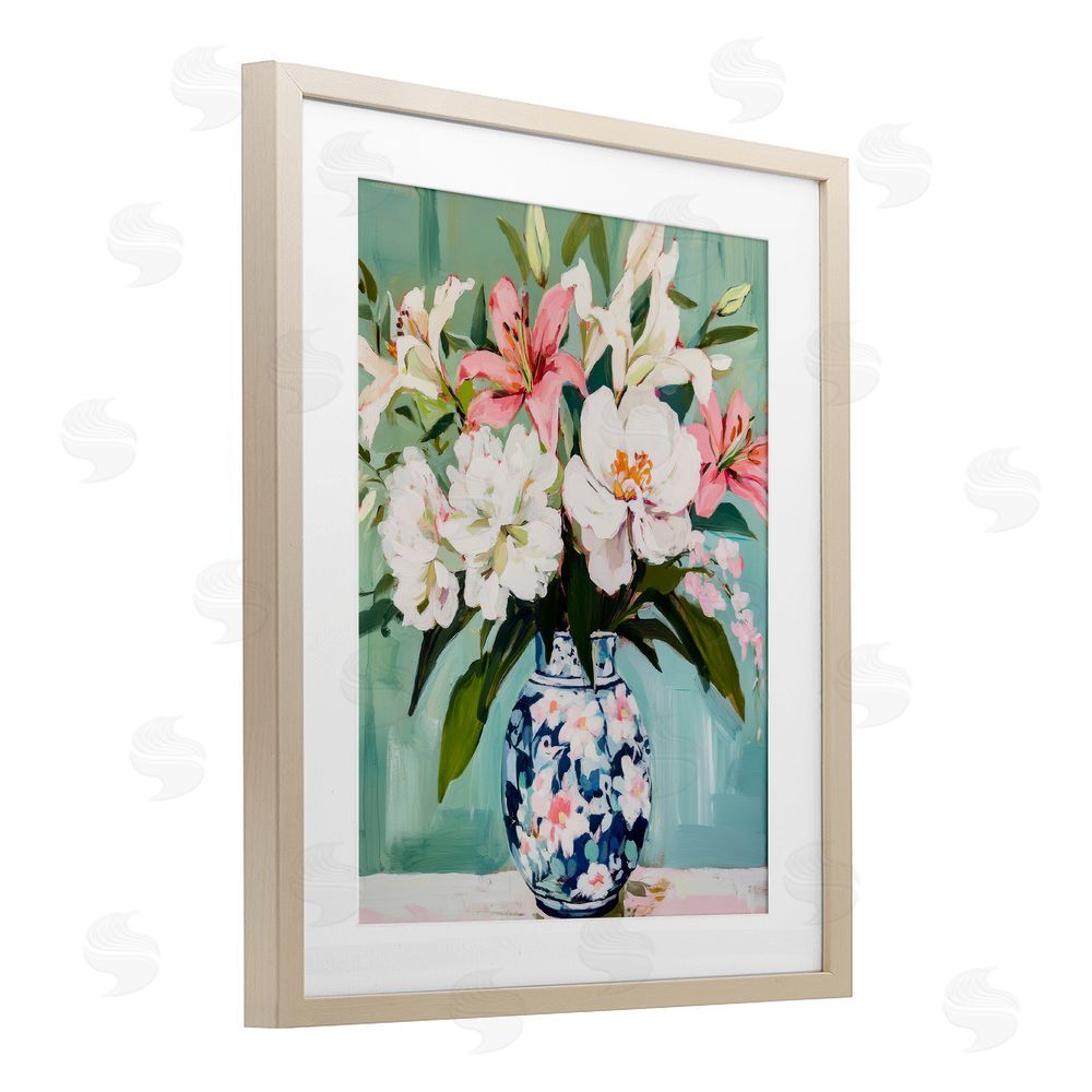 Petal Prints Design Lily Florals in Chinoiserie Vase Birch Framed Print Under Glass with White Mat Wall Art
