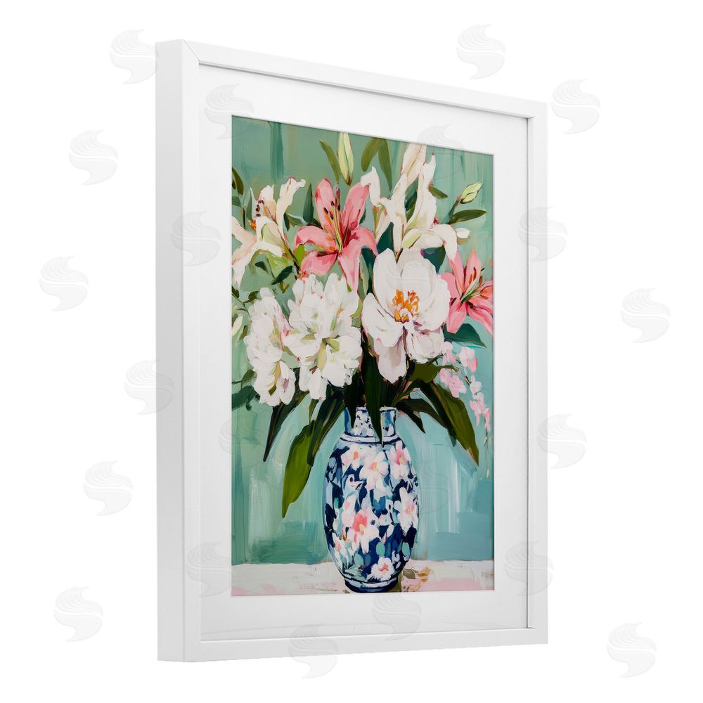 Petal Prints Design Lily Florals in Chinoiserie Vase White Framed Print Under Glass with Mat Wall Art