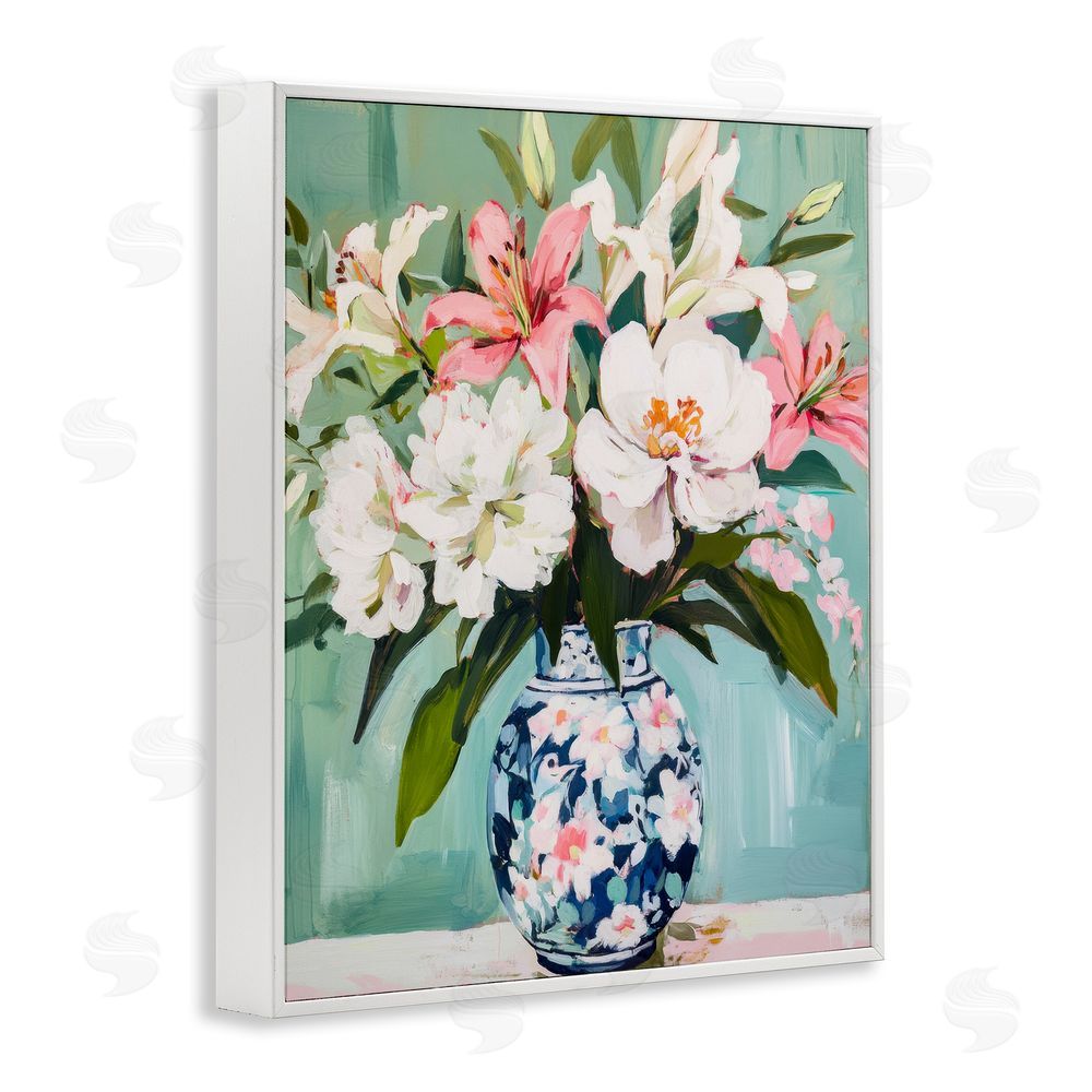 Petal Prints Design Lily Florals in Chinoiserie Vase White Framed Giclee Wall Art Print