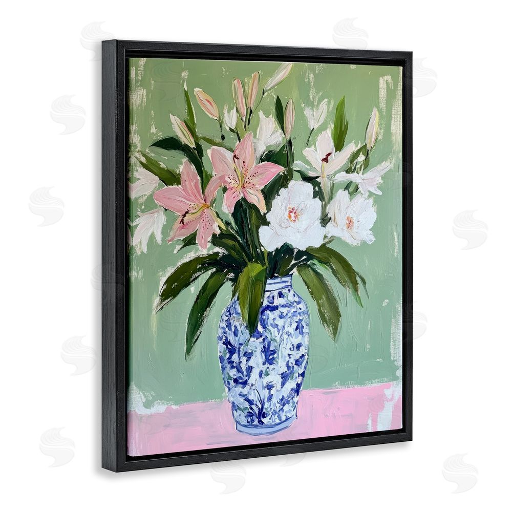 Petal Prints Design Lily Cluster in Chinoiserie Vase Black Floating Frame Canvas Wall Art Print