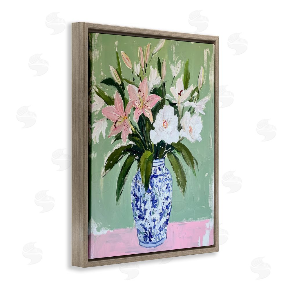Petal Prints Design Lily Cluster in Chinoiserie Vase Brown Floating Frame Canvas Wall Art Print