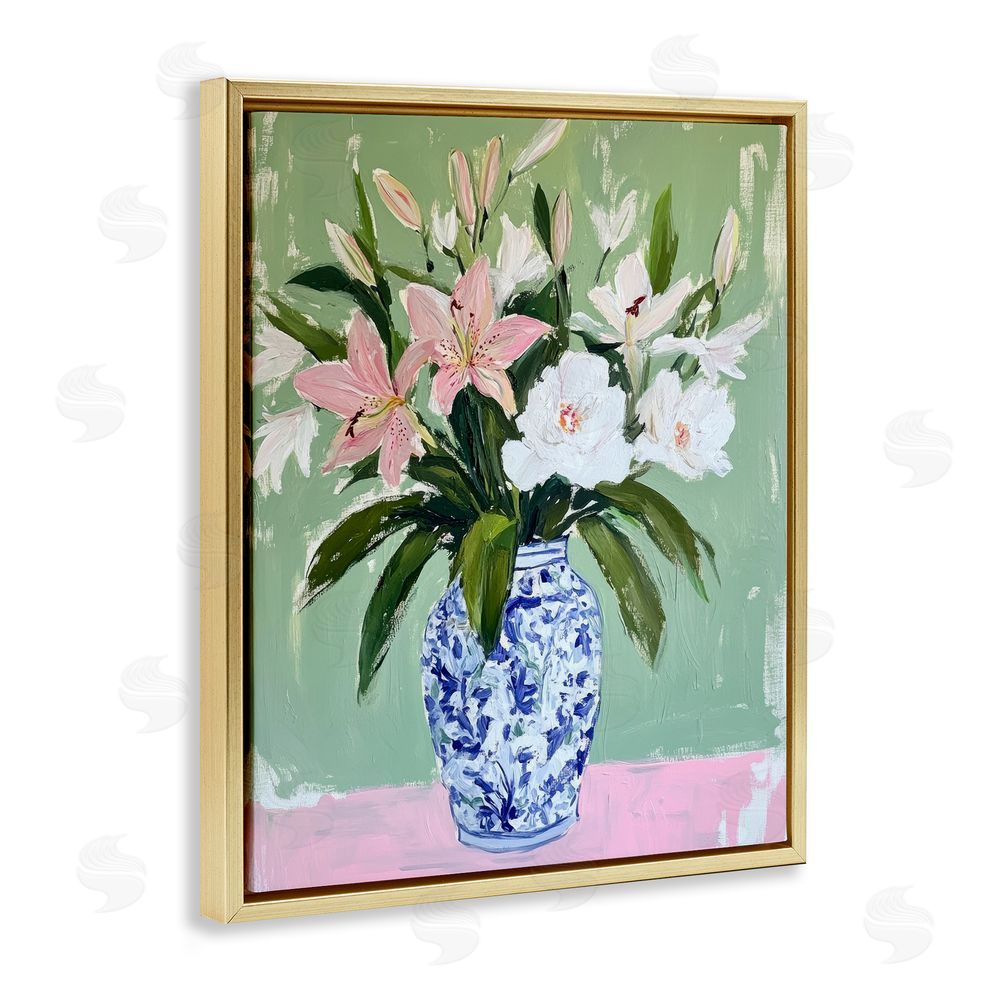 Petal Prints Design Lily Cluster in Chinoiserie Vase Gold Floating Frame Canvas Wall Art Print