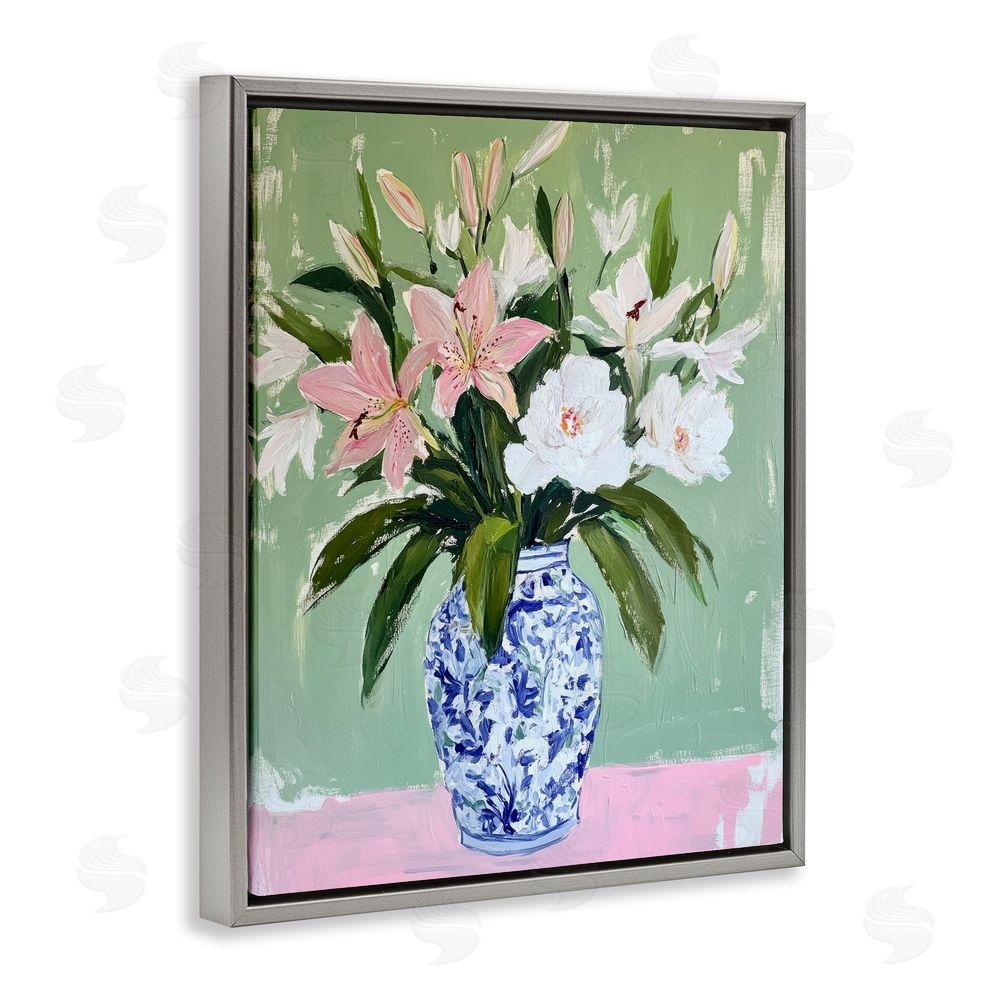 Petal Prints Design Lily Cluster in Chinoiserie Vase Gray Floating Frame Canvas Wall Art Print