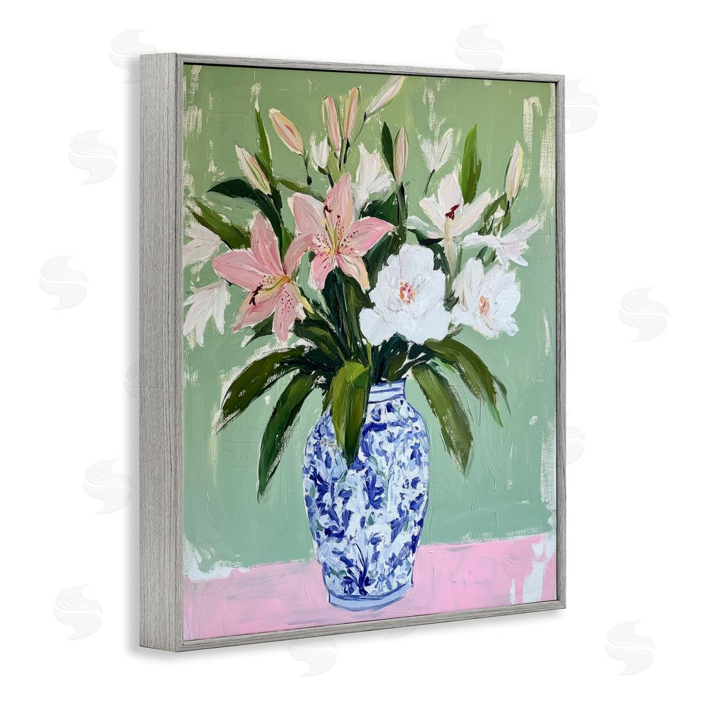 Petal Prints Design Lily Cluster in Chinoiserie Vase Gray Framed Giclee Wall Art Print
