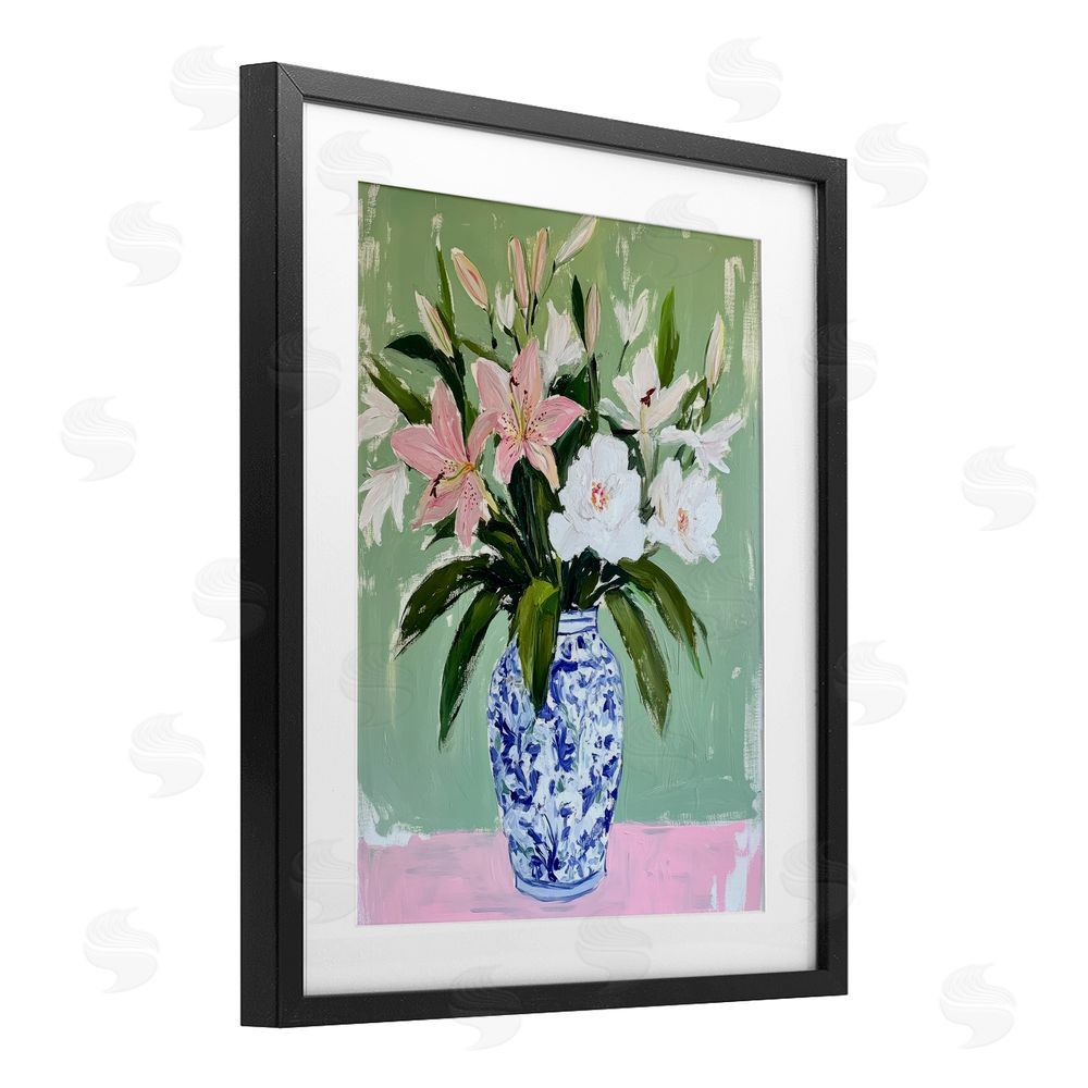 Petal Prints Design Lily Cluster in Chinoiserie Vase Black Framed Print Under Glass with White Mat Wall Art
