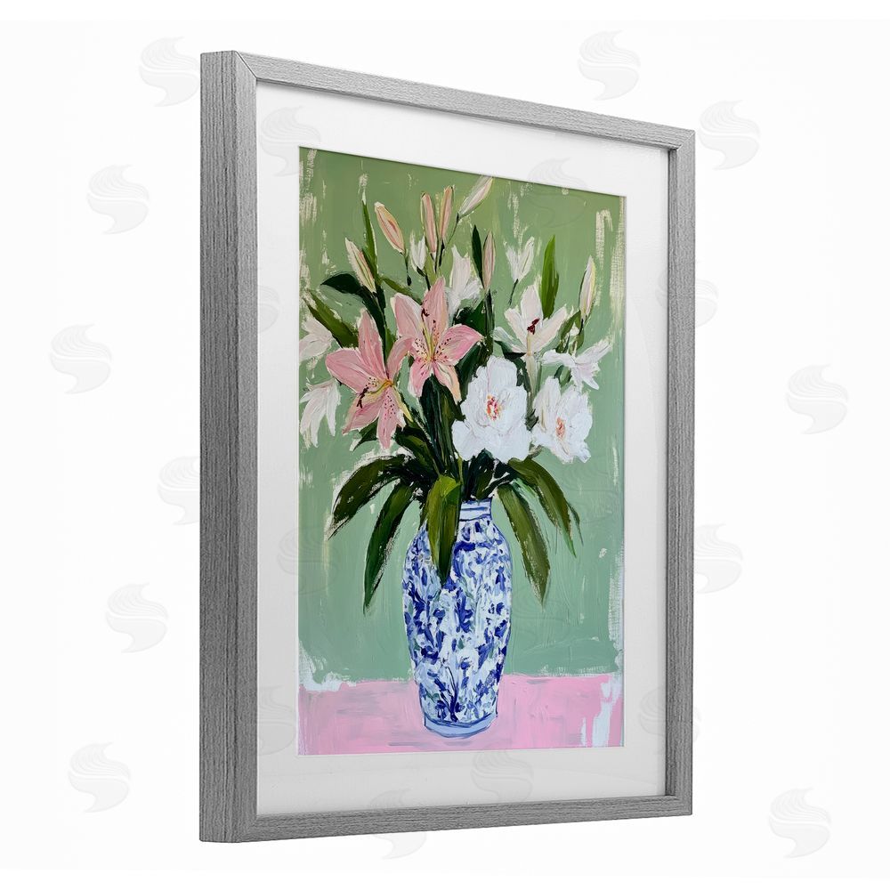 Petal Prints Design Lily Cluster in Chinoiserie Vase Gray Framed Print Under Glass with White Mat Wall Art