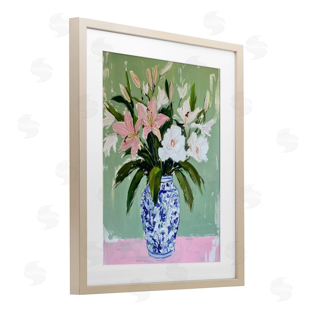 Petal Prints Design Lily Cluster in Chinoiserie Vase Birch Framed Print Under Glass with White Mat Wall Art