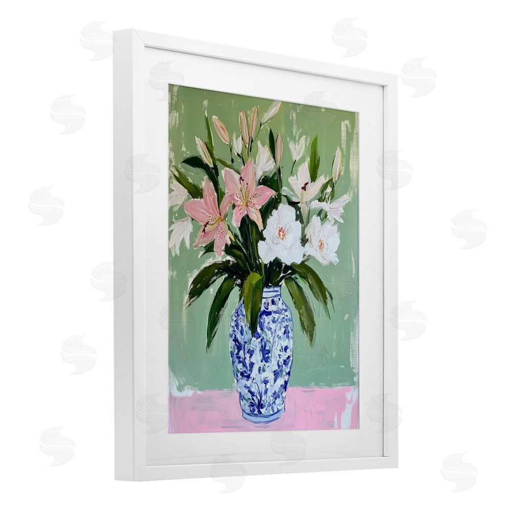 Petal Prints Design Lily Cluster in Chinoiserie Vase White Framed Print Under Glass with Mat Wall Art