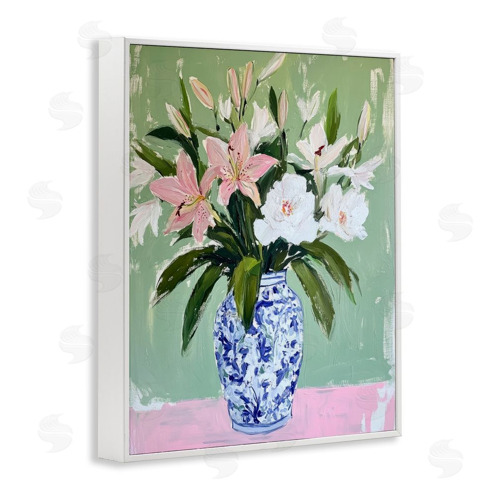 Petal Prints Design Lily Cluster in Chinoiserie Vase White Framed Giclee Wall Art Print