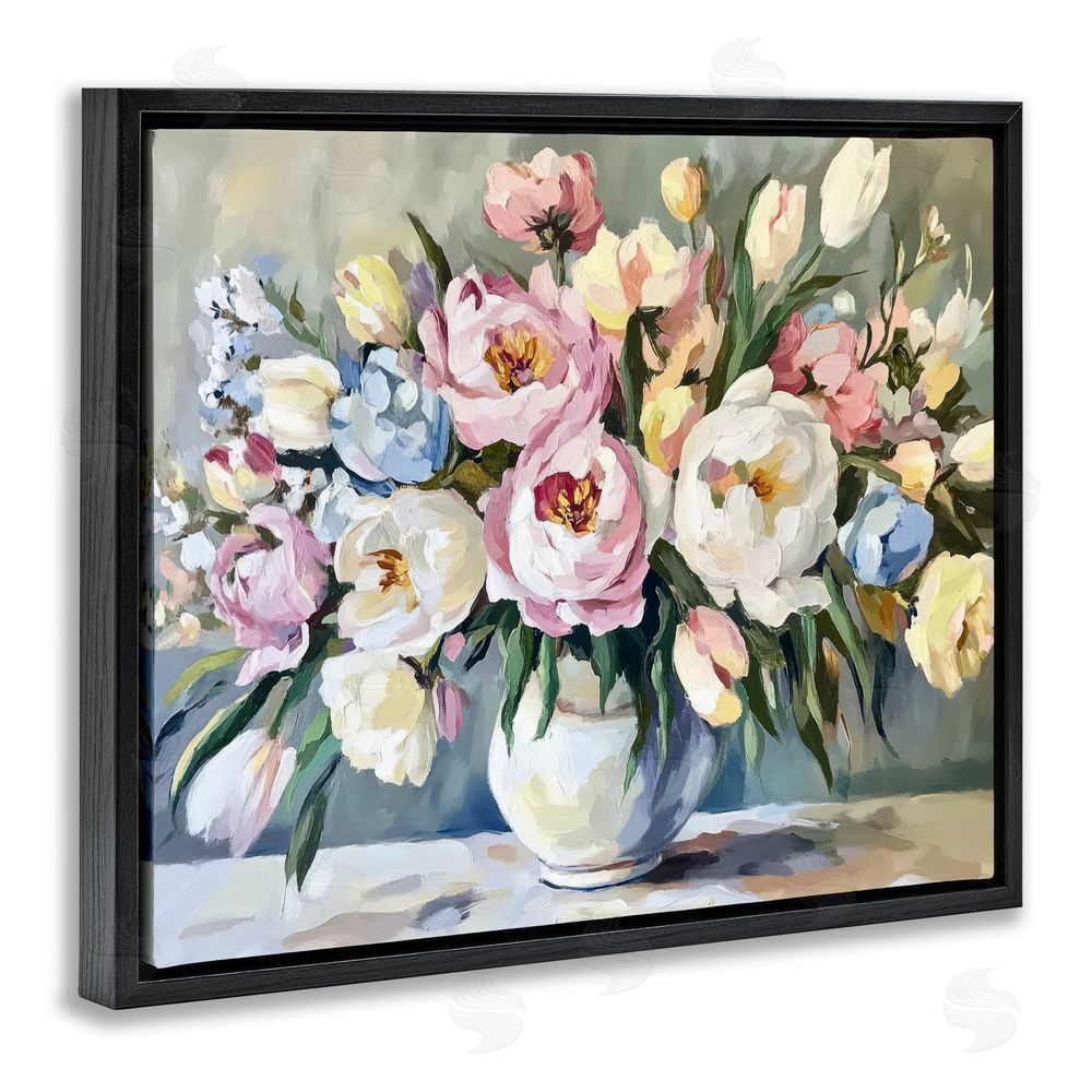 Petal Prints Design Pastel Peony Bunch Bouquet Black Floating Frame Canvas Wall Art Print