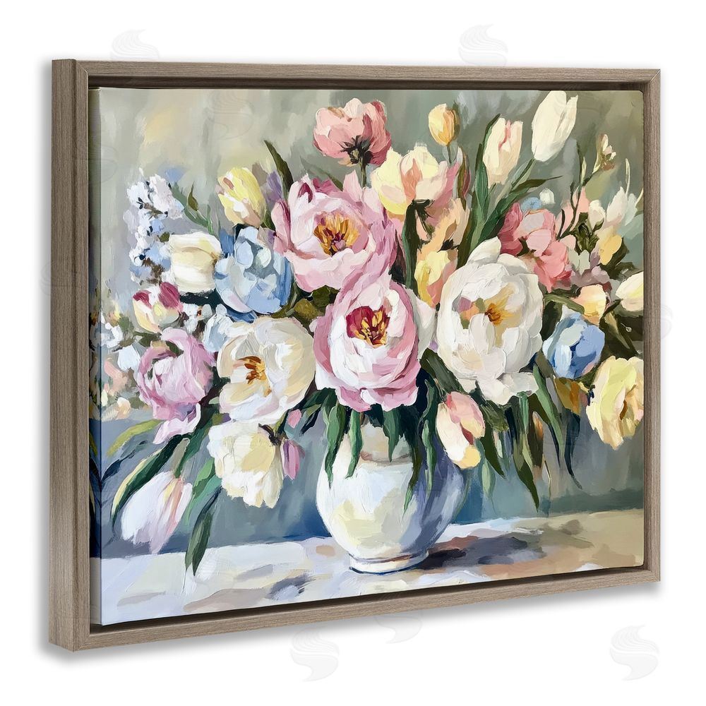 Petal Prints Design Pastel Peony Bunch Bouquet Brown Floating Frame Canvas Wall Art Print