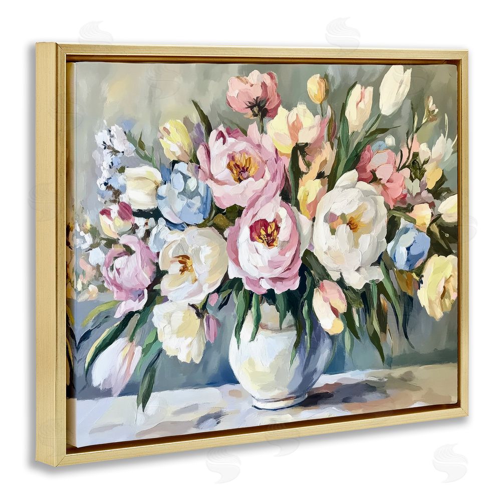 Petal Prints Design Pastel Peony Bunch Bouquet Gold Floating Frame Canvas Wall Art Print