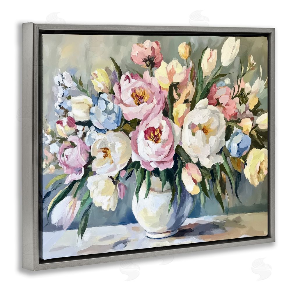 Petal Prints Design Pastel Peony Bunch Bouquet Gray Floating Frame Canvas Wall Art Print