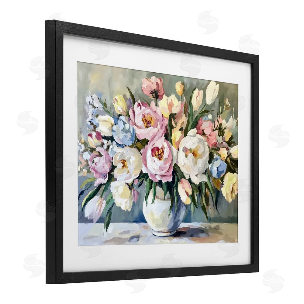 Petal Prints Design Pastel Peony Bunch Bouquet Black Framed Print Under Glass with White Mat Wall Art