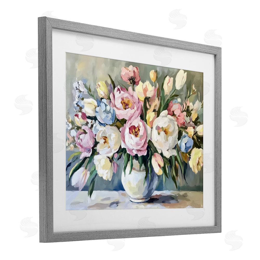 Petal Prints Design Pastel Peony Bunch Bouquet Gray Framed Print Under Glass with White Mat Wall Art