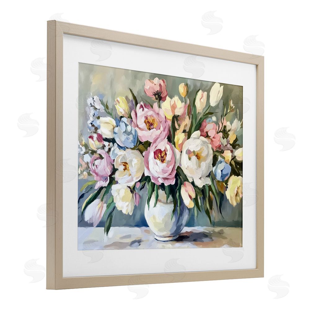 Petal Prints Design Pastel Peony Bunch Bouquet Birch Framed Print Under Glass with White Mat Wall Art