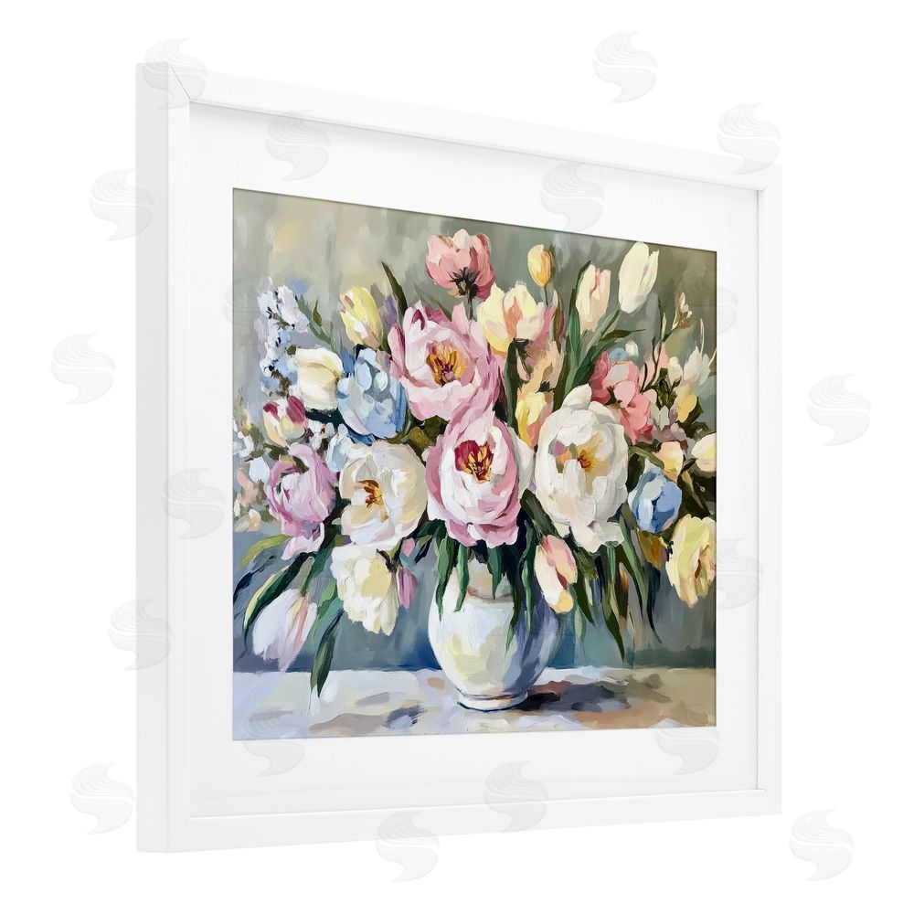 Petal Prints Design Pastel Peony Bunch Bouquet White Framed Print Under Glass with Mat Wall Art