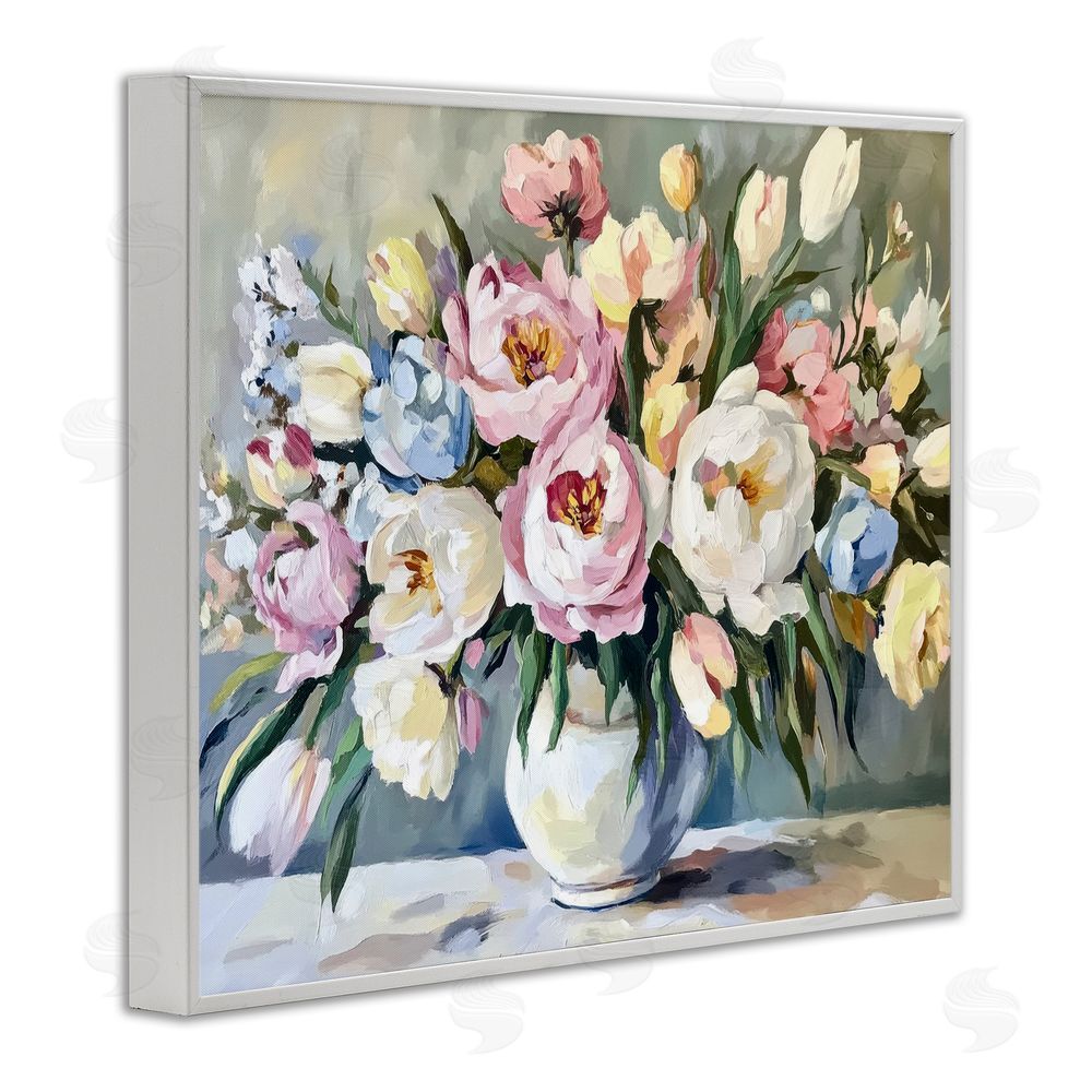 Petal Prints Design Pastel Peony Bunch Bouquet White Framed Giclee Wall Art Print