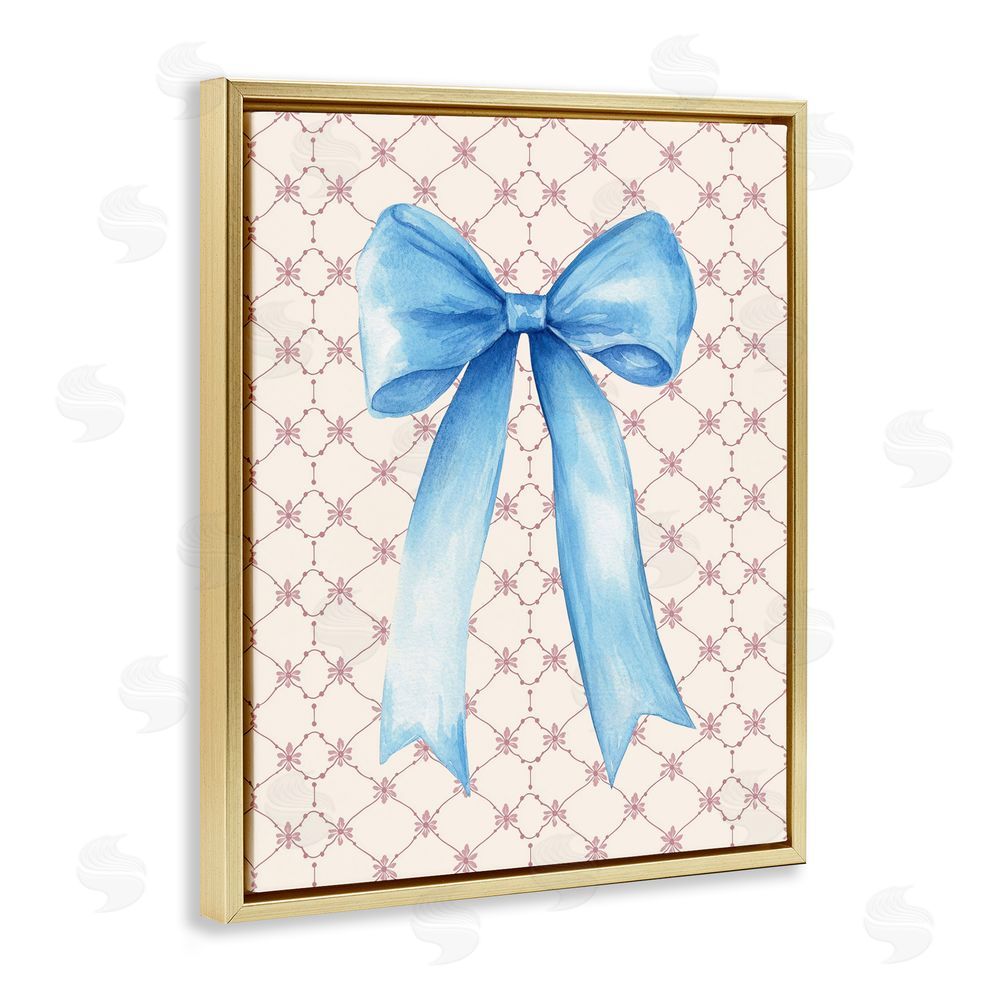 Petal Prints Design Blue Bow on Rose Quilt Pattern Gold Floating Frame Canvas Wall Art Print