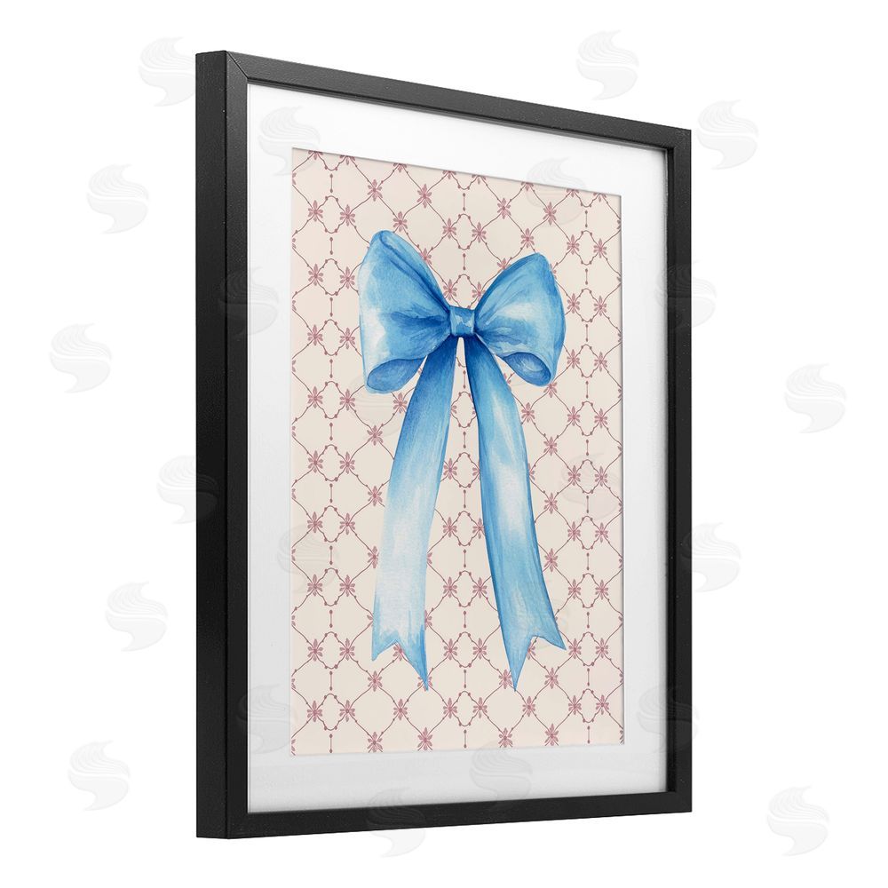 Petal Prints Design Blue Bow on Rose Quilt Pattern Black Framed Print Under Glass with White Mat Wall Art