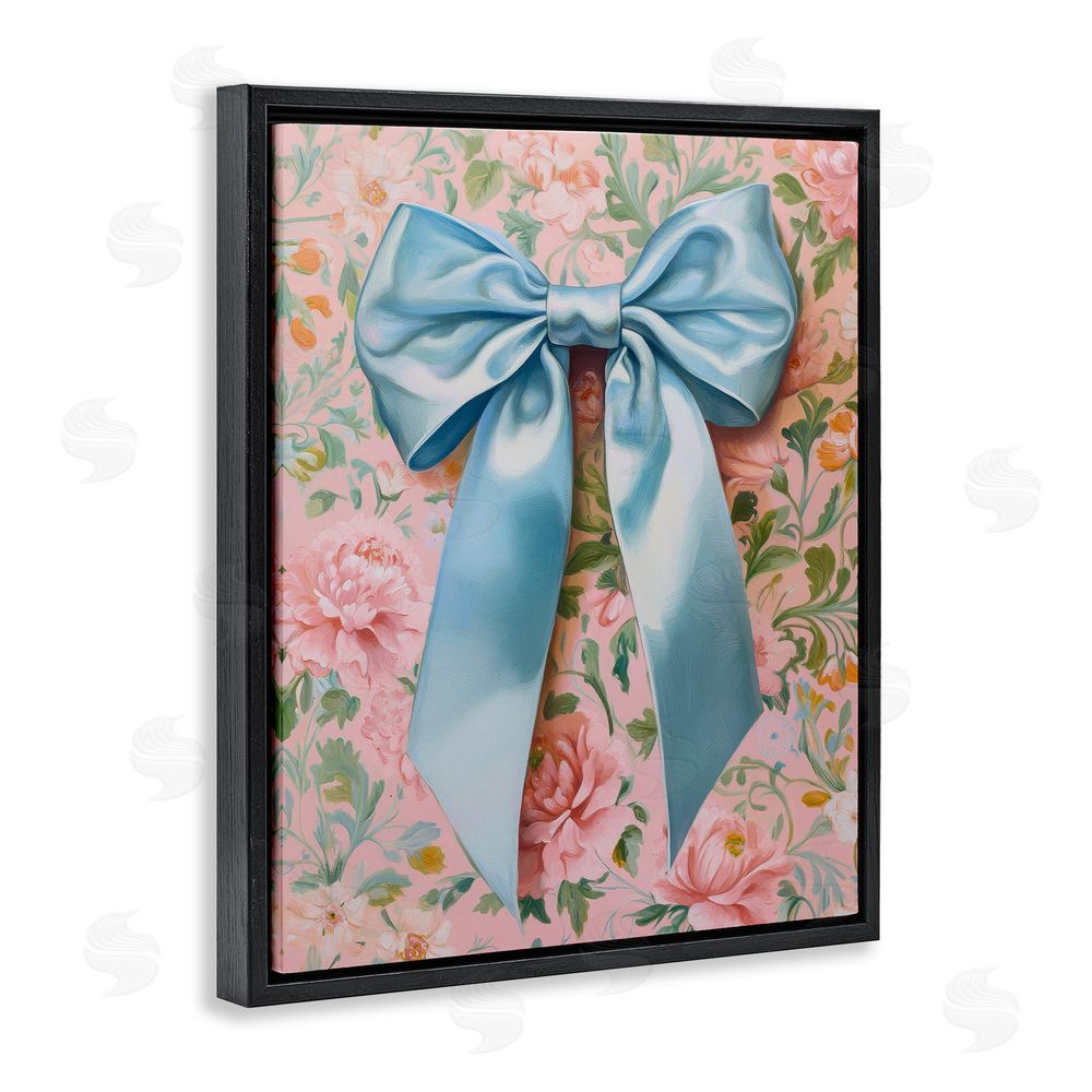 Petal Prints Design Romantic Blue Satin Bow Black Floating Frame Canvas Wall Art Print