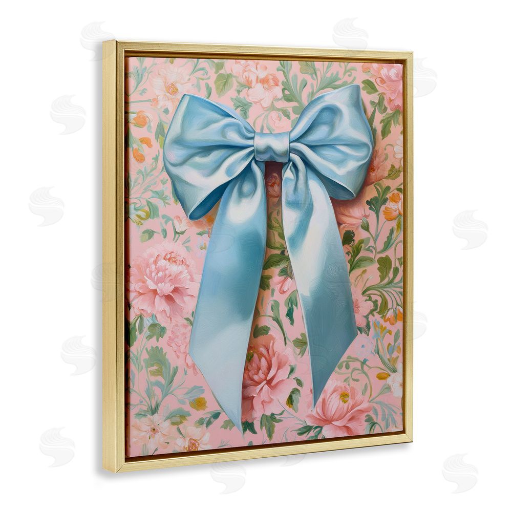Petal Prints Design Romantic Blue Satin Bow Gold Floating Frame Canvas Wall Art Print