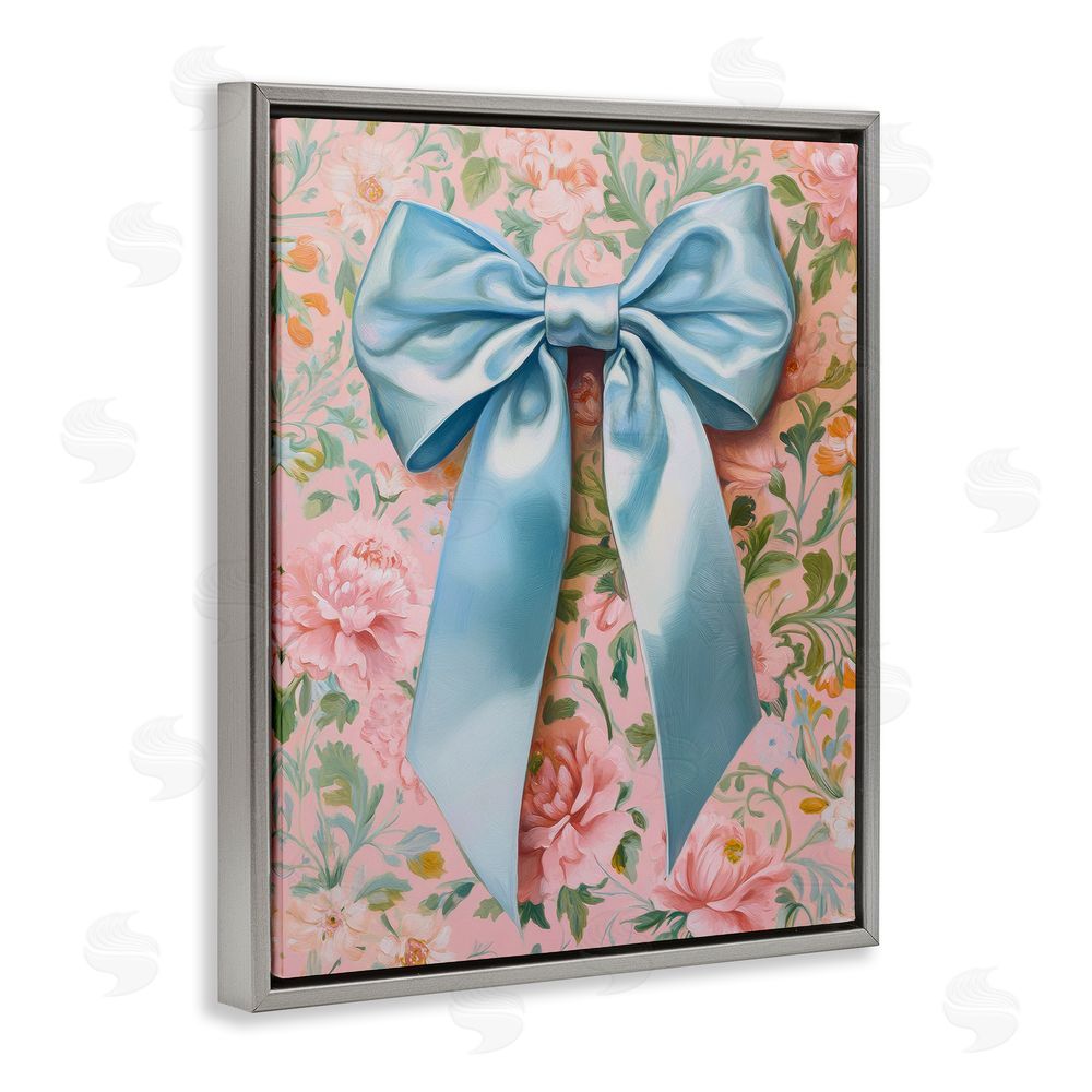Petal Prints Design Romantic Blue Satin Bow Gray Floating Frame Canvas Wall Art Print