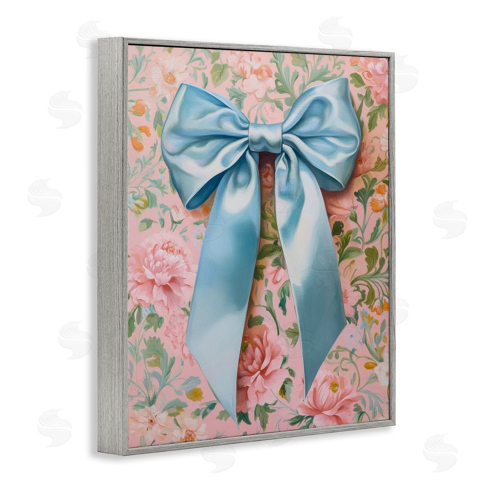 Petal Prints Design Romantic Blue Satin Bow Gray Framed Giclee Wall Art Print