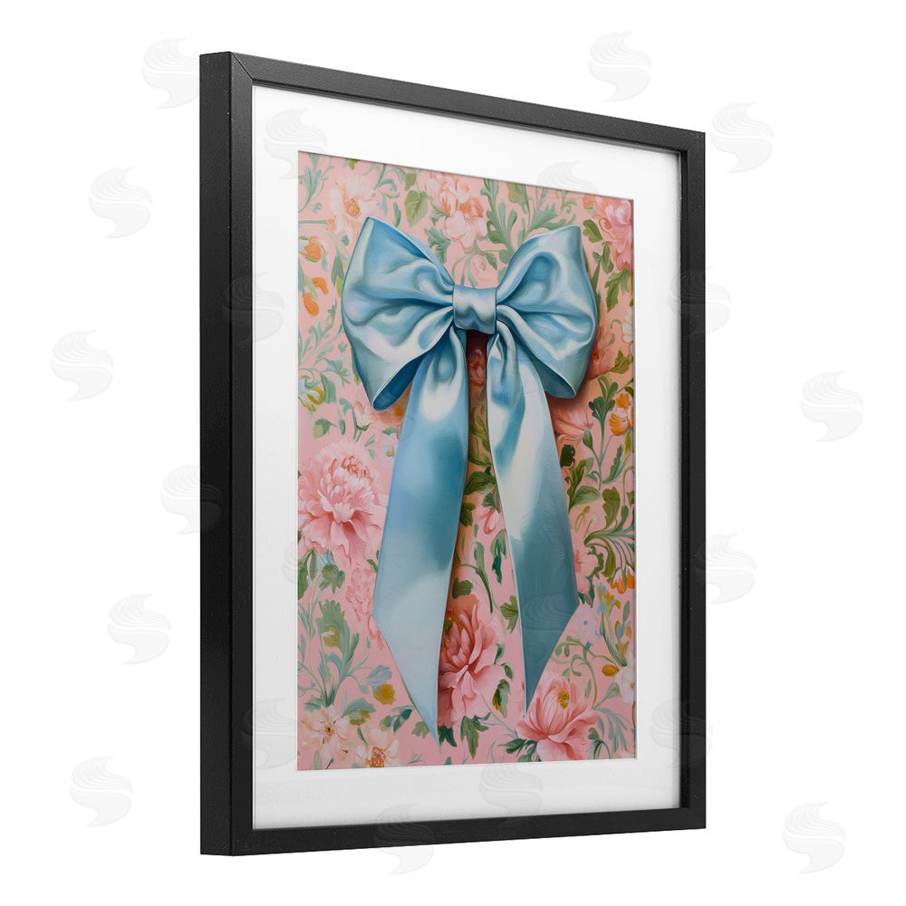Petal Prints Design Romantic Blue Satin Bow Black Framed Print Under Glass with White Mat Wall Art