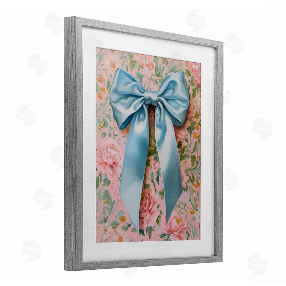 Petal Prints Design Romantic Blue Satin Bow Gray Framed Print Under Glass with White Mat Wall Art