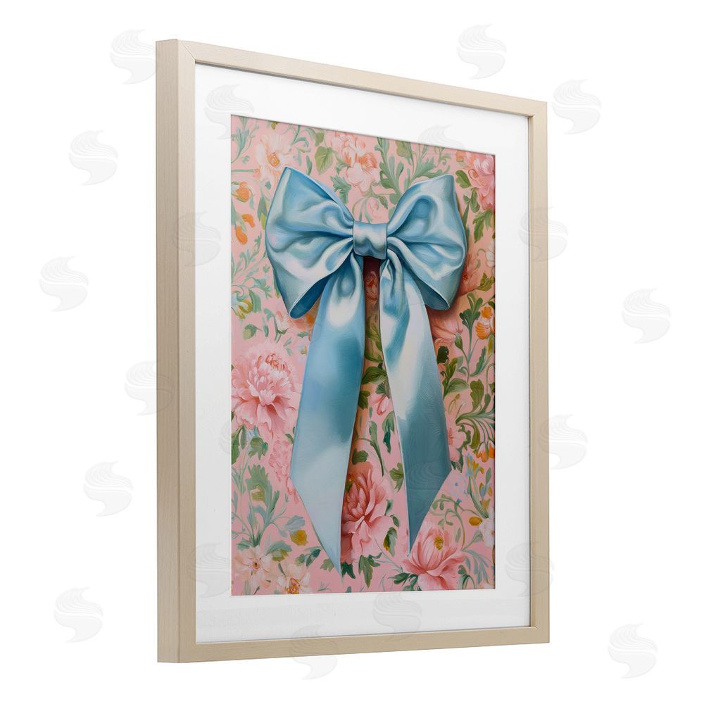 Petal Prints Design Romantic Blue Satin Bow Birch Framed Print Under Glass with White Mat Wall Art