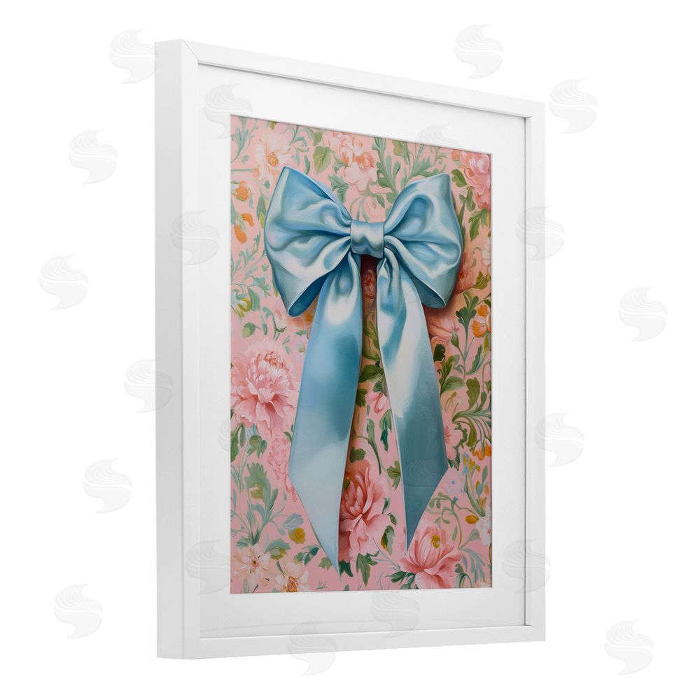 Petal Prints Design Romantic Blue Satin Bow White Framed Print Under Glass with Mat Wall Art