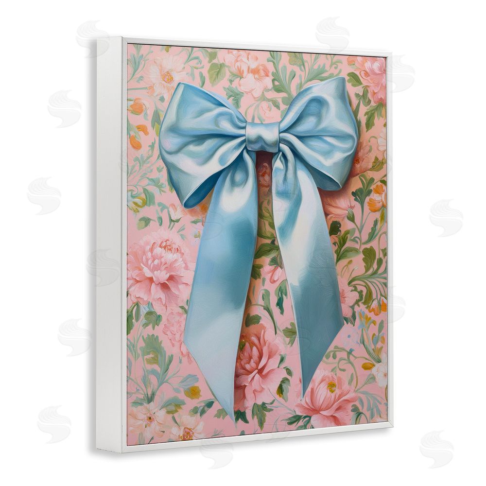Petal Prints Design Romantic Blue Satin Bow White Framed Giclee Wall Art Print