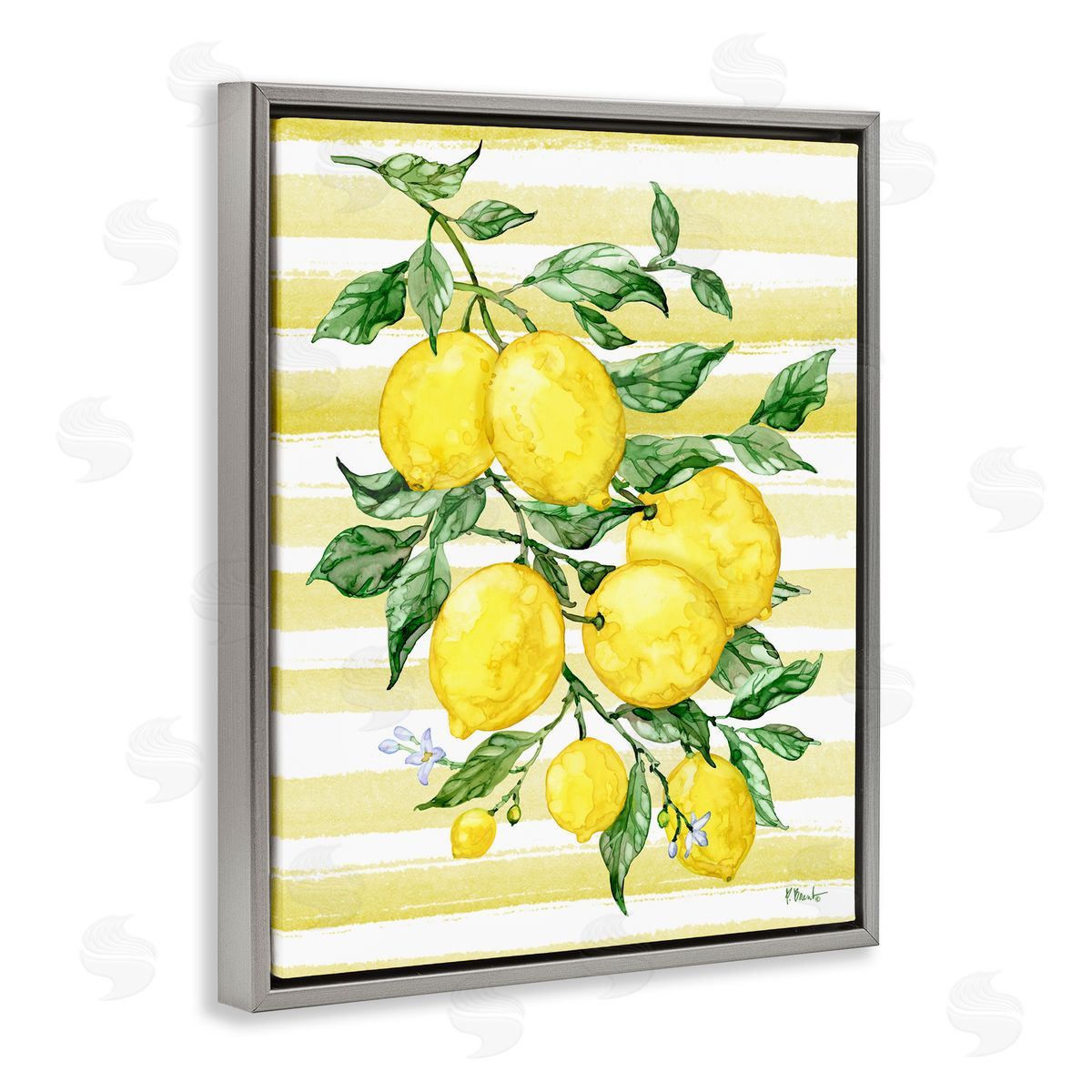 Paul Brent Juicy Lemon Vine & Stripes Gray Floating Frame Canvas Art Print