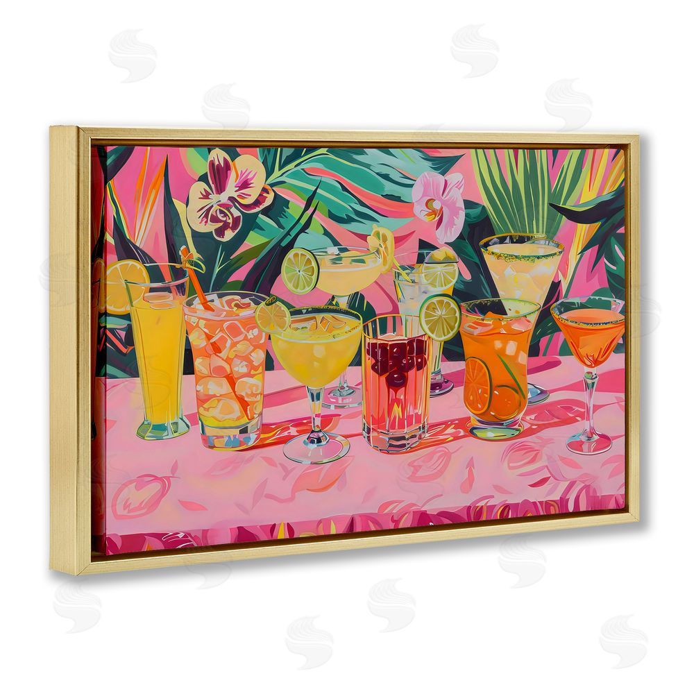 LSR Design Studio Tropical Pink Cocktail Party Gold Floating Frame Canvas Wall Art Print