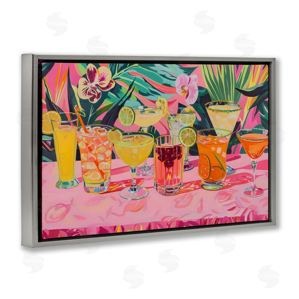 LSR Design Studio Tropical Pink Cocktail Party Gray Floating Frame Canvas Wall Art Print