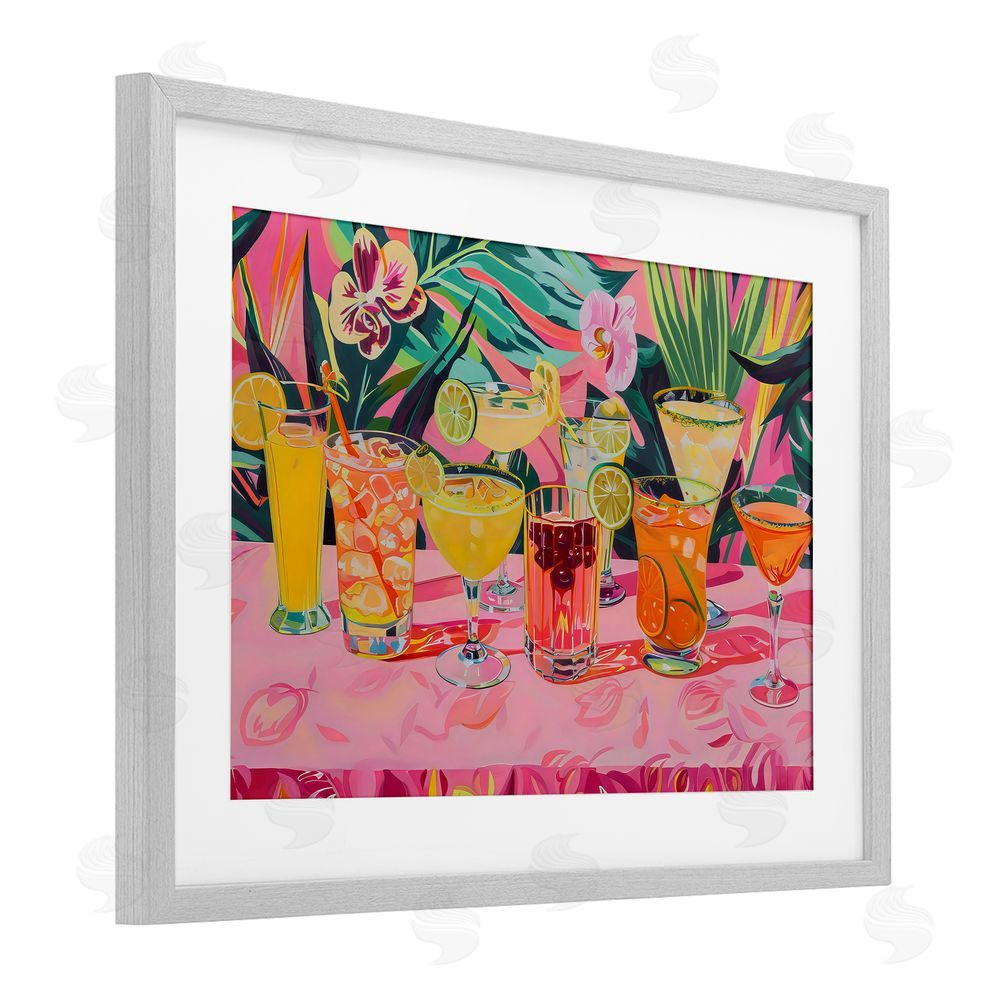 LSR Design Studio Tropical Pink Cocktail Party Gray Framed Print Under Glass with White Mat Wall Art