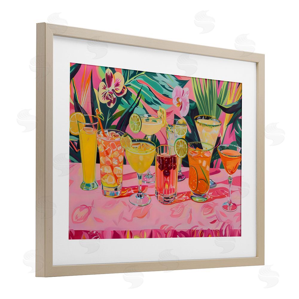 LSR Design Studio Tropical Pink Cocktail Party Birch Framed Print Under Glass with White Mat Wall Art