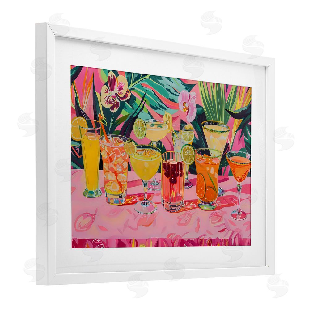 LSR Design Studio Tropical Pink Cocktail Party White Framed Print Under Glass with Mat Wall Art